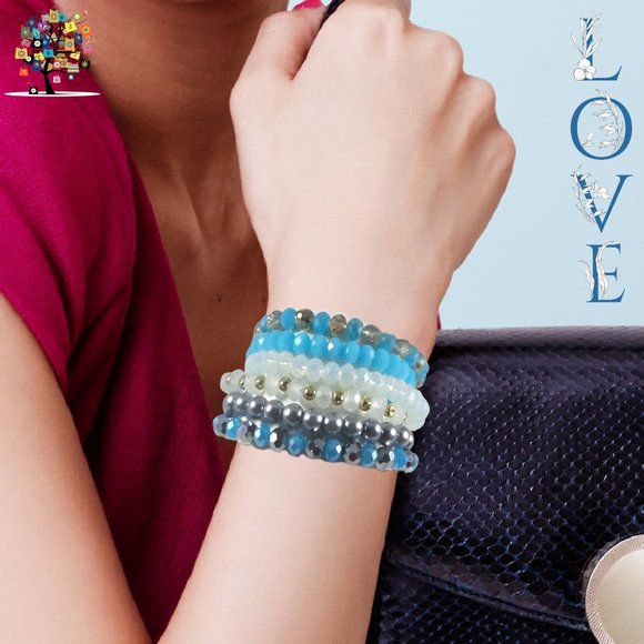 Boho Stack Stretch Bracelet Set of 6 with Tassel - Picture 2 of 5